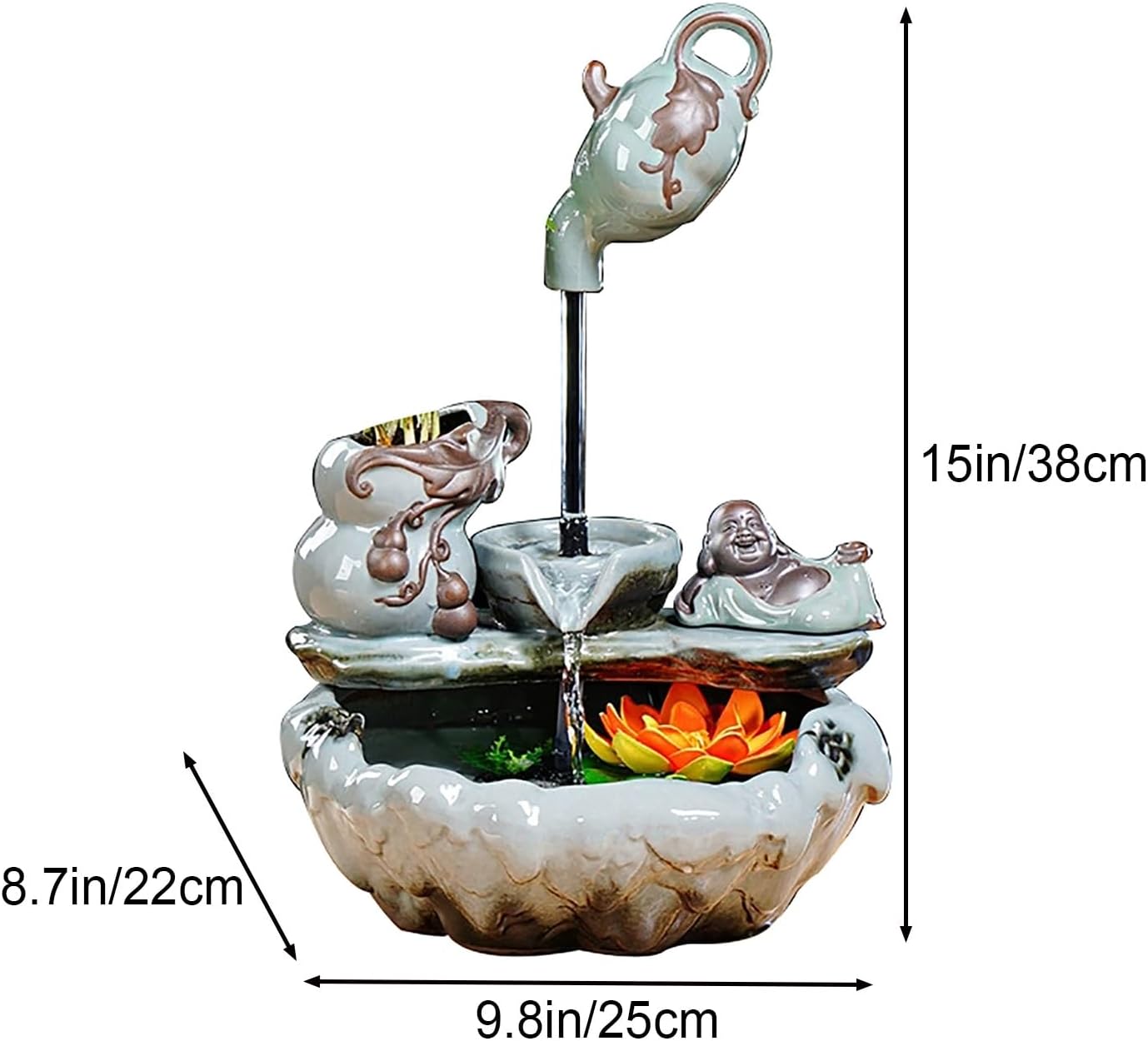Ceramic Waterfall Fountain with Lotus Light for Home and Office