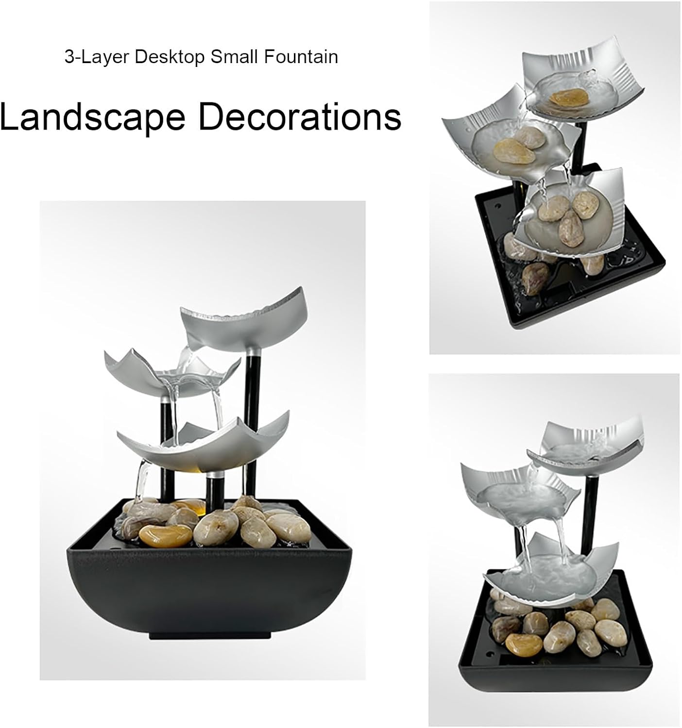 3-Layer Desktop Water Fountain with LED Lights and Pebbles - USB Powered Indoor Waterfall for Home Office Decor