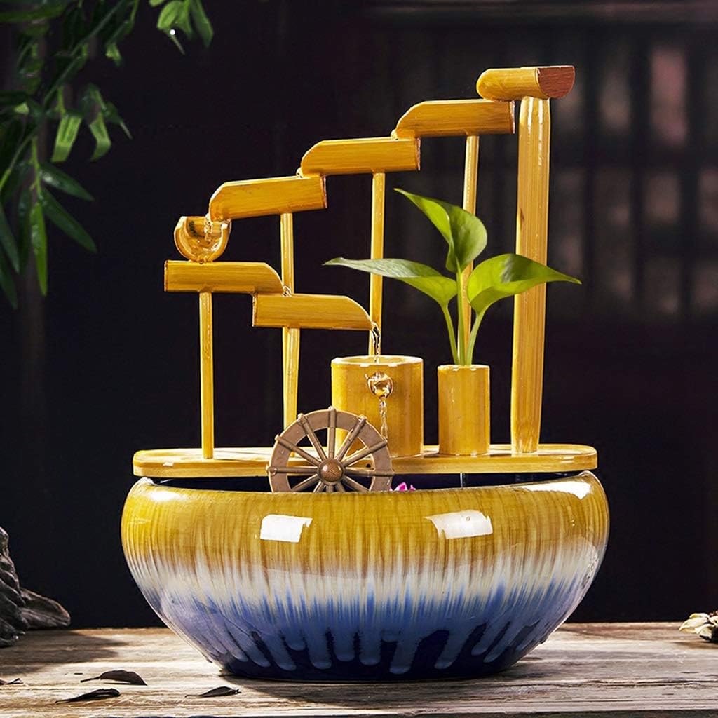 Stacked Bamboo Indoor Fountain with Ceramic Base