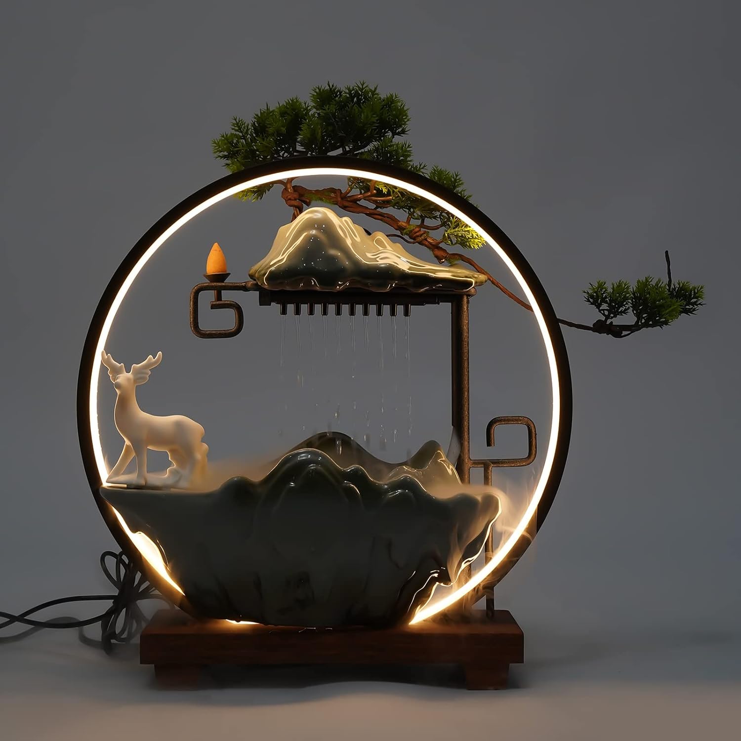 Tabletop Water Fountain with LED Light and Ceramic Deer