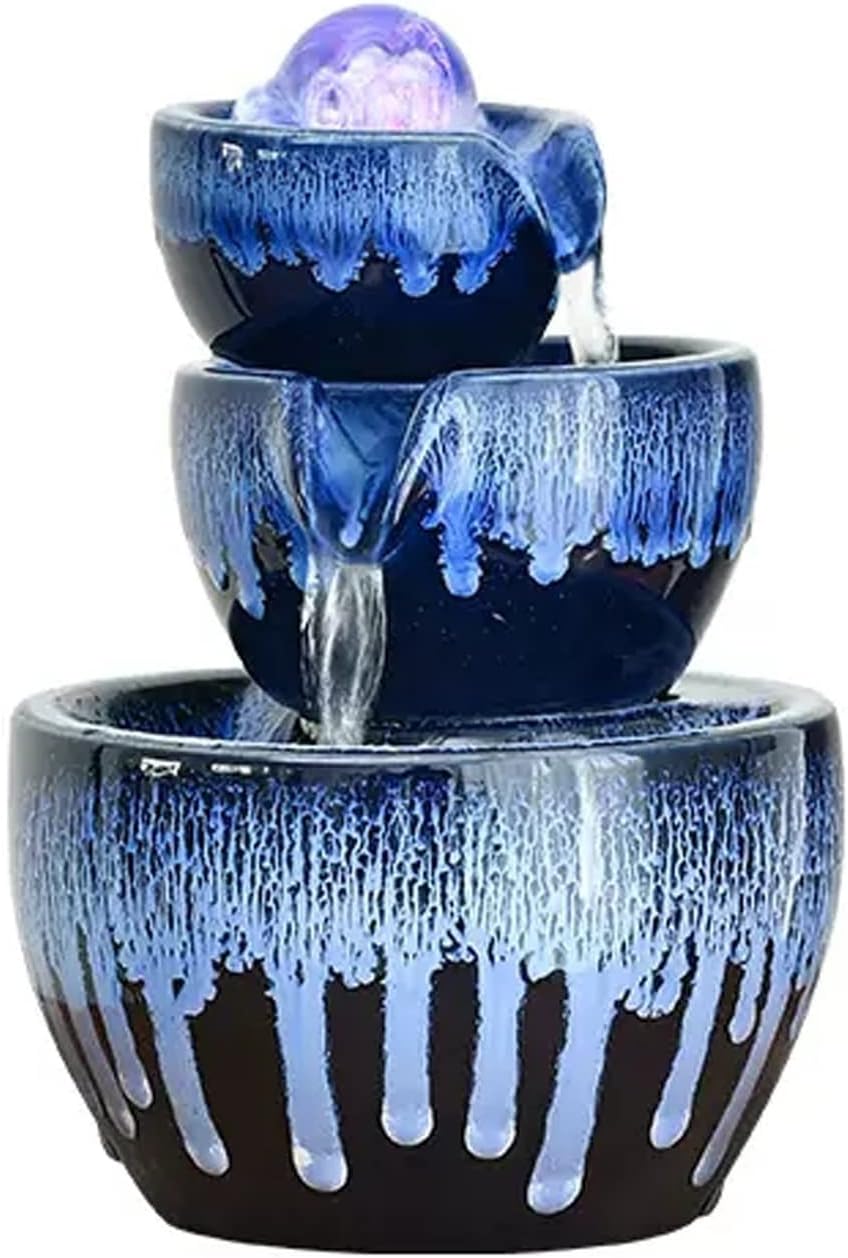 SLEEVE 3 Tier Ceramic Tabletop Waterfall Fountain with LED Lights