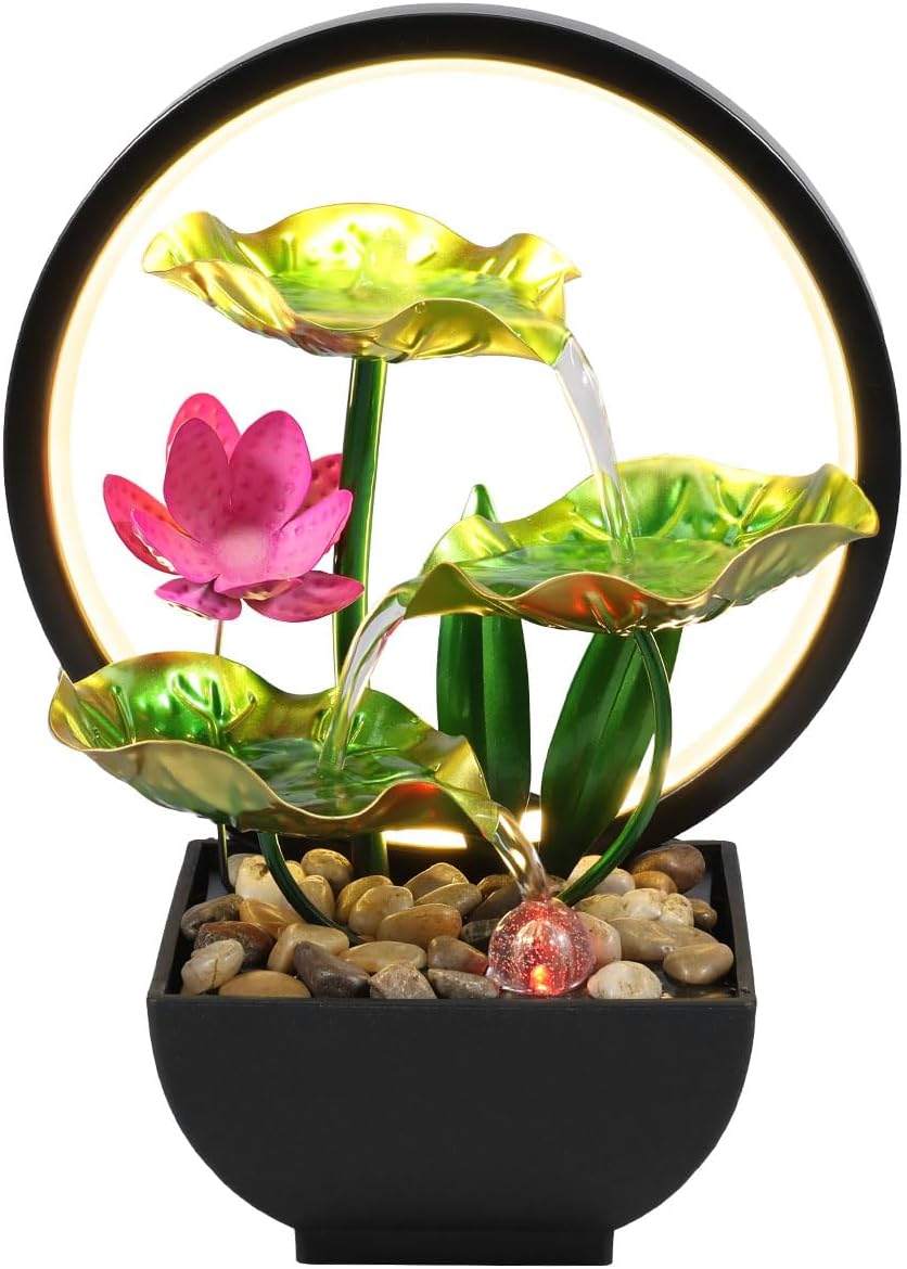 3-Tier Tabletop Waterfall Fountain with LED Lights and Rocks