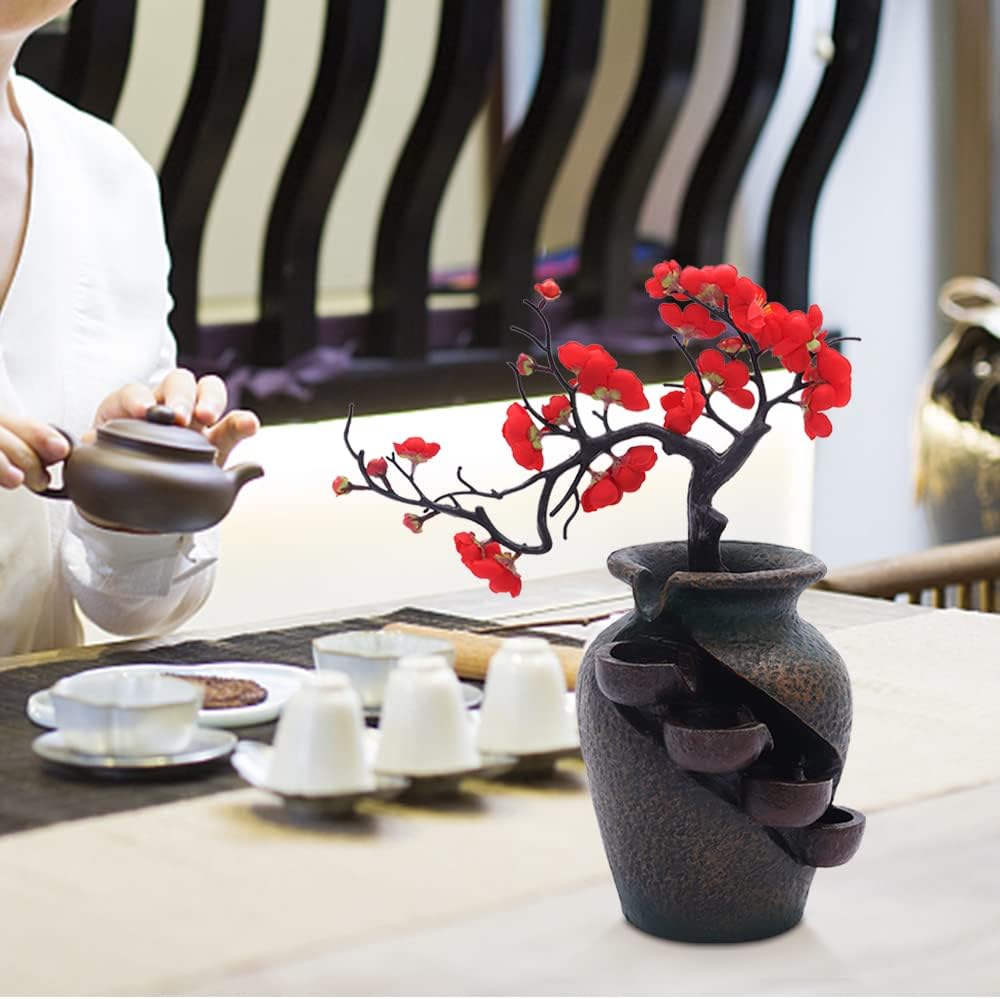 ZeStarDair Tabletop Water Fountain with 4 Layers and Simulated Plum Blossoms