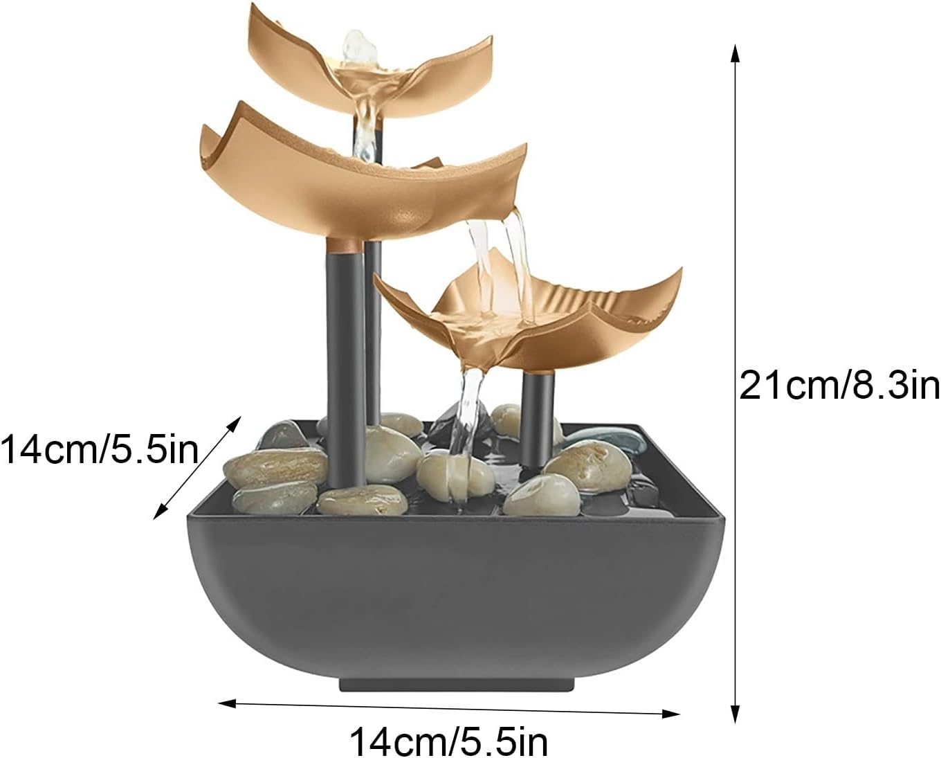 3-Layer Desktop Water Fountain with LED Lights and Pebbles - USB Powered Indoor Waterfall for Home Office Decor