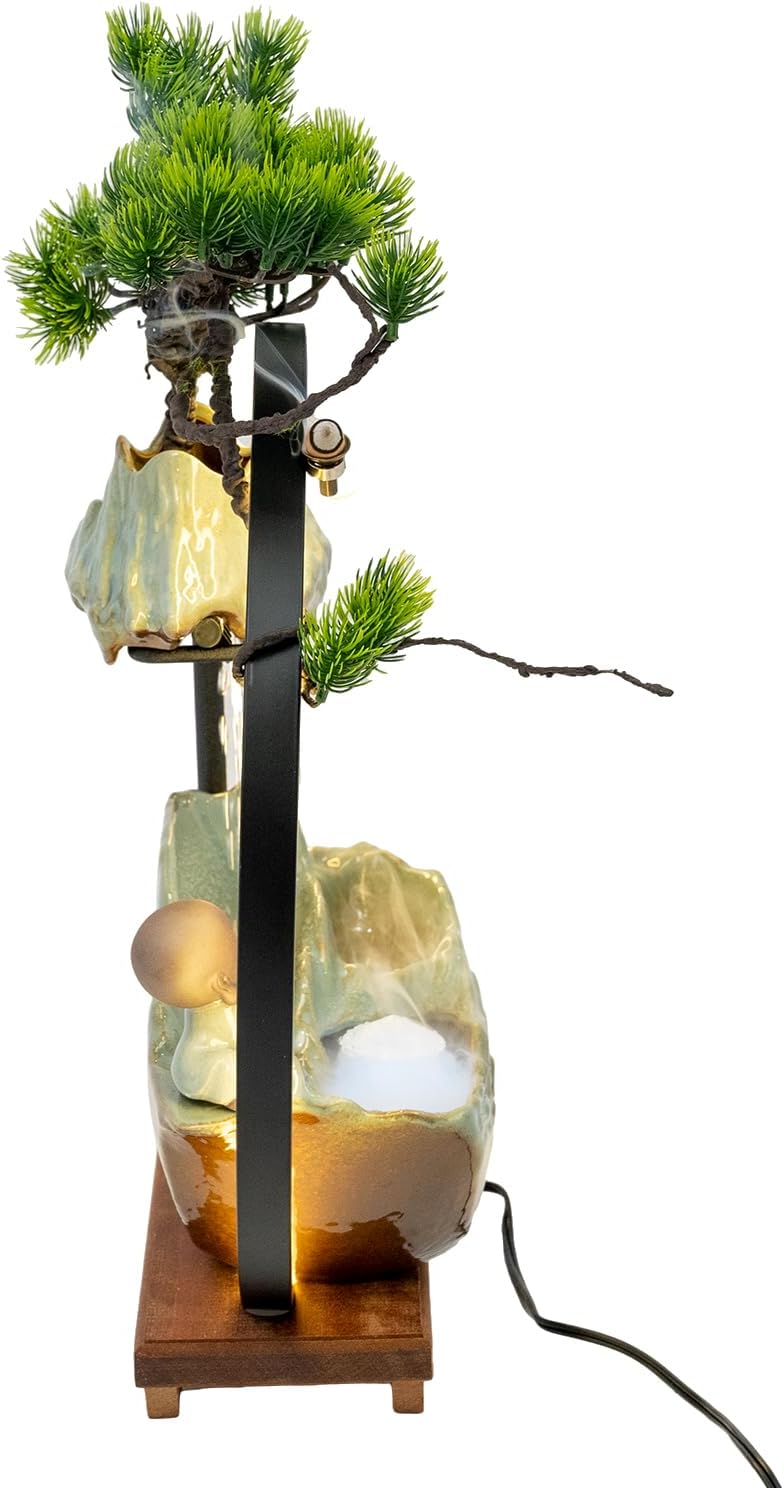Tabletop Water Fountain with Monk Sculpture and LED Lights