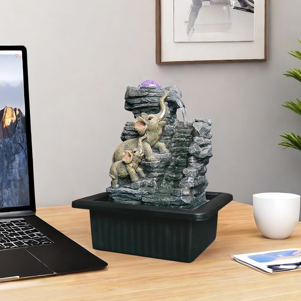 984 Inch Tabletop Fountain with Dual Elephant Statues and LED Lights