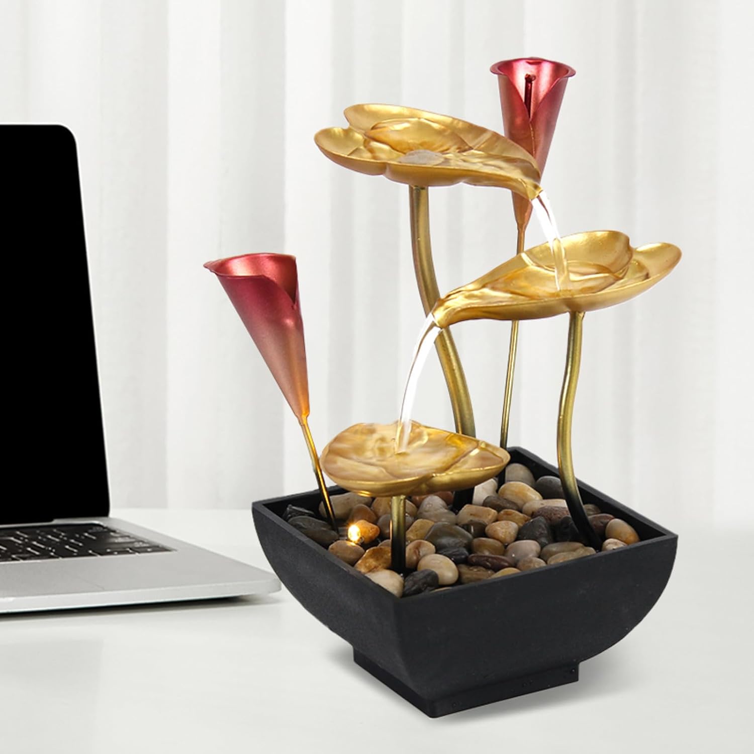 Lotus Leaf Water Fountain with LED Lights and Calla Lily Accents