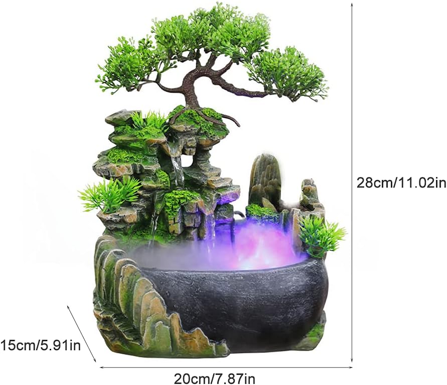 Tabletop Fountain with Rockery and Bonsai Zen Meditation Indoor Waterfall Decor