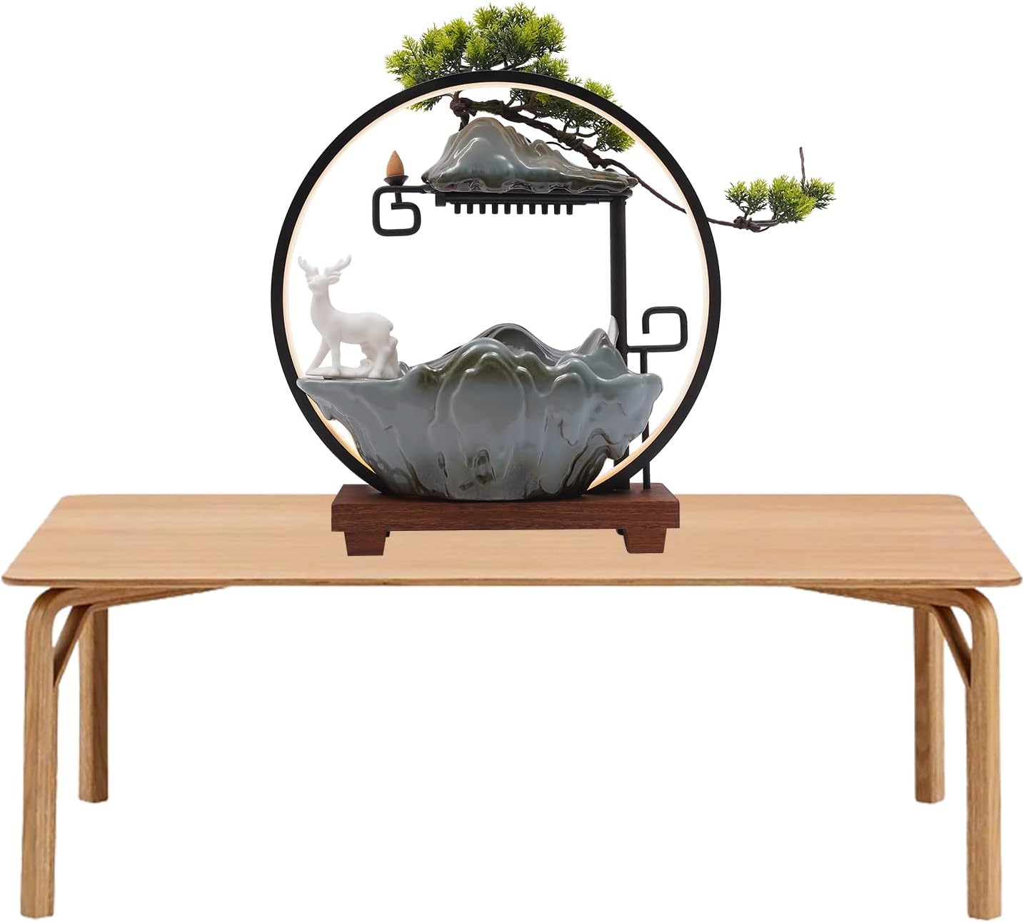 Modern Deer Style Tabletop Water Fountain with Mist LED Light for Meditation and Feng Shui Decor