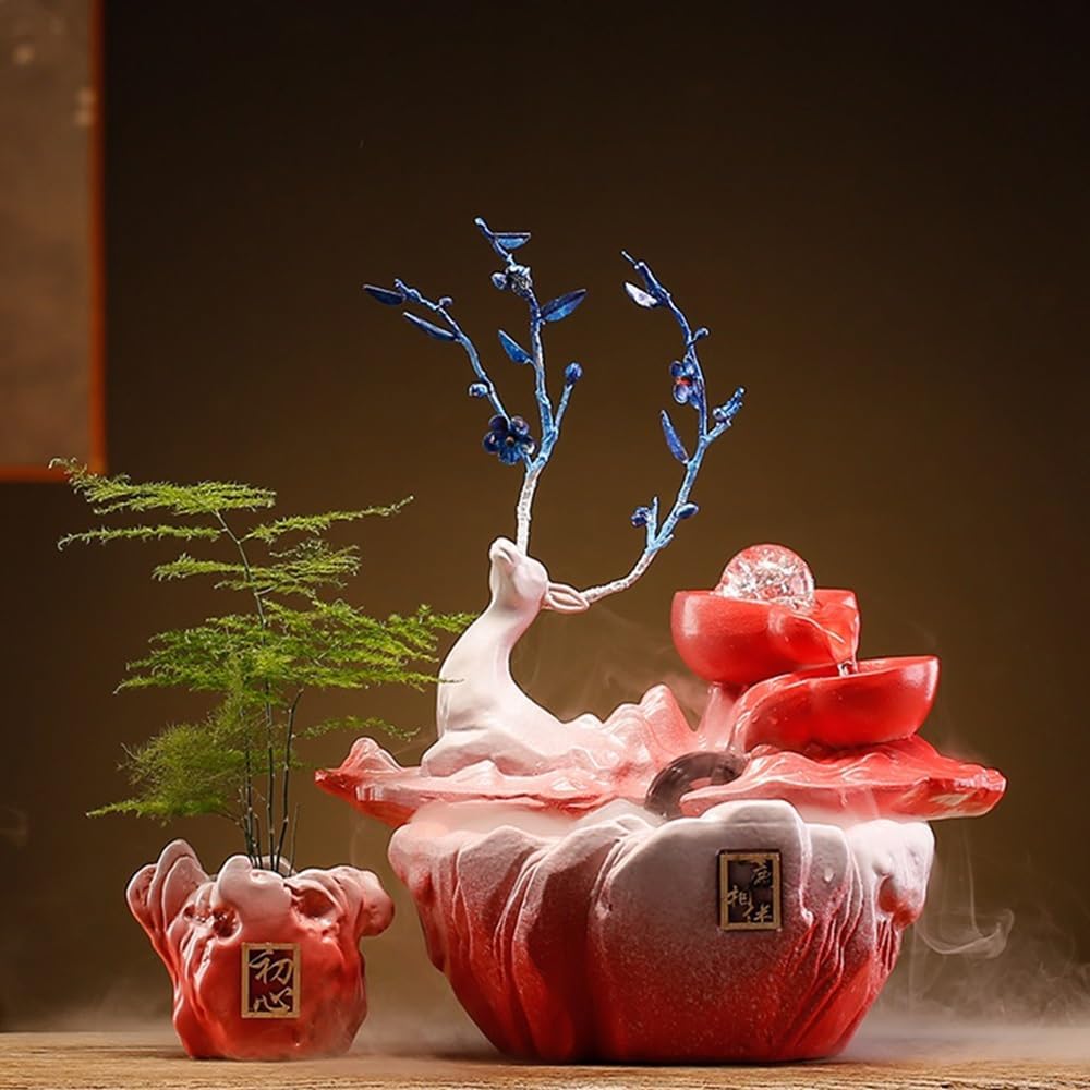 Red Tabletop Fountain with Deer and Water Circulation