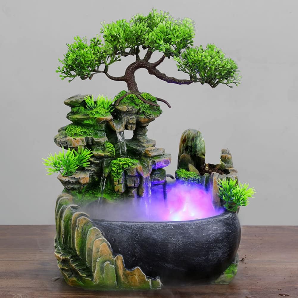 Tabletop Fountain with Rockery and Bonsai Zen Meditation Indoor Waterfall Decor