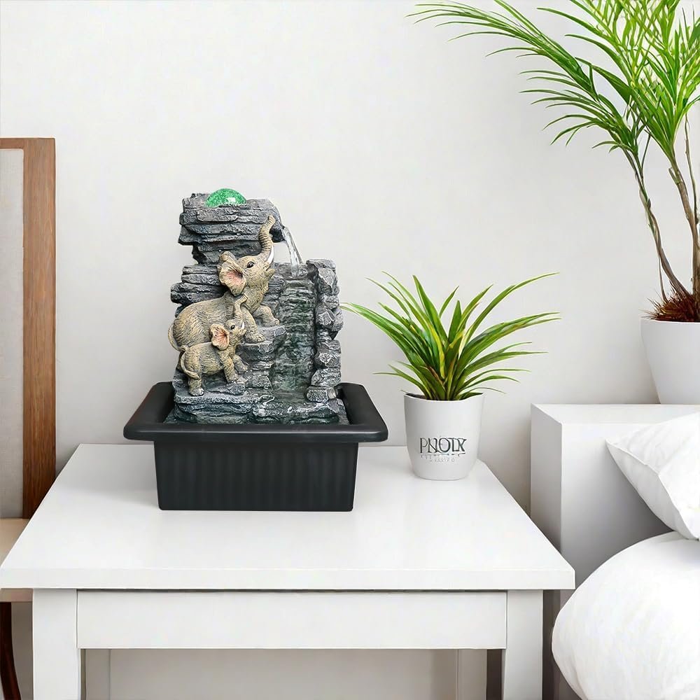 984 Inch Tabletop Fountain with Dual Elephant Statues and LED Lights