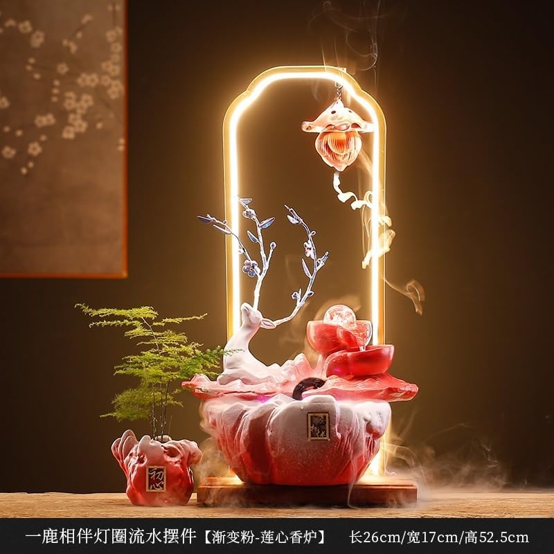Red Tabletop Fountain with Deer and Water Circulation