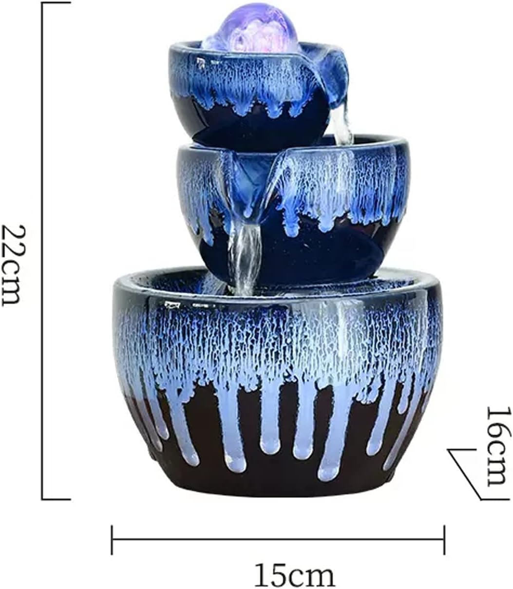 DINBOZ26X 3 Layer Ceramic Tabletop Water Fountain with Rolling Ball Blue