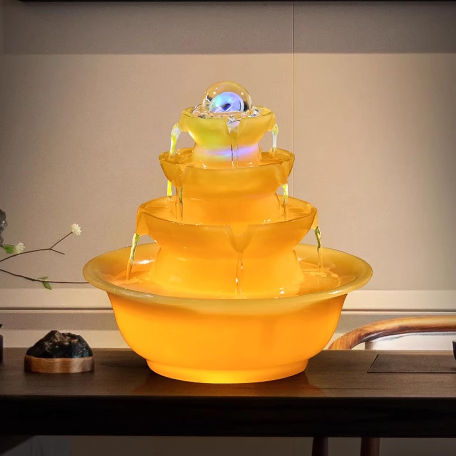 Imitation Jade Small Fountain Tabletop Water Fountain with Feng Shui Benefits and Bright Lights