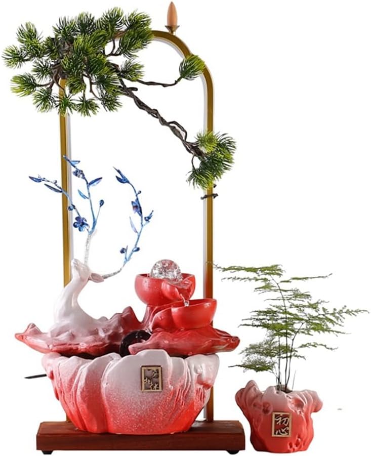 Red Tabletop Fountain with Deer and Water Circulation