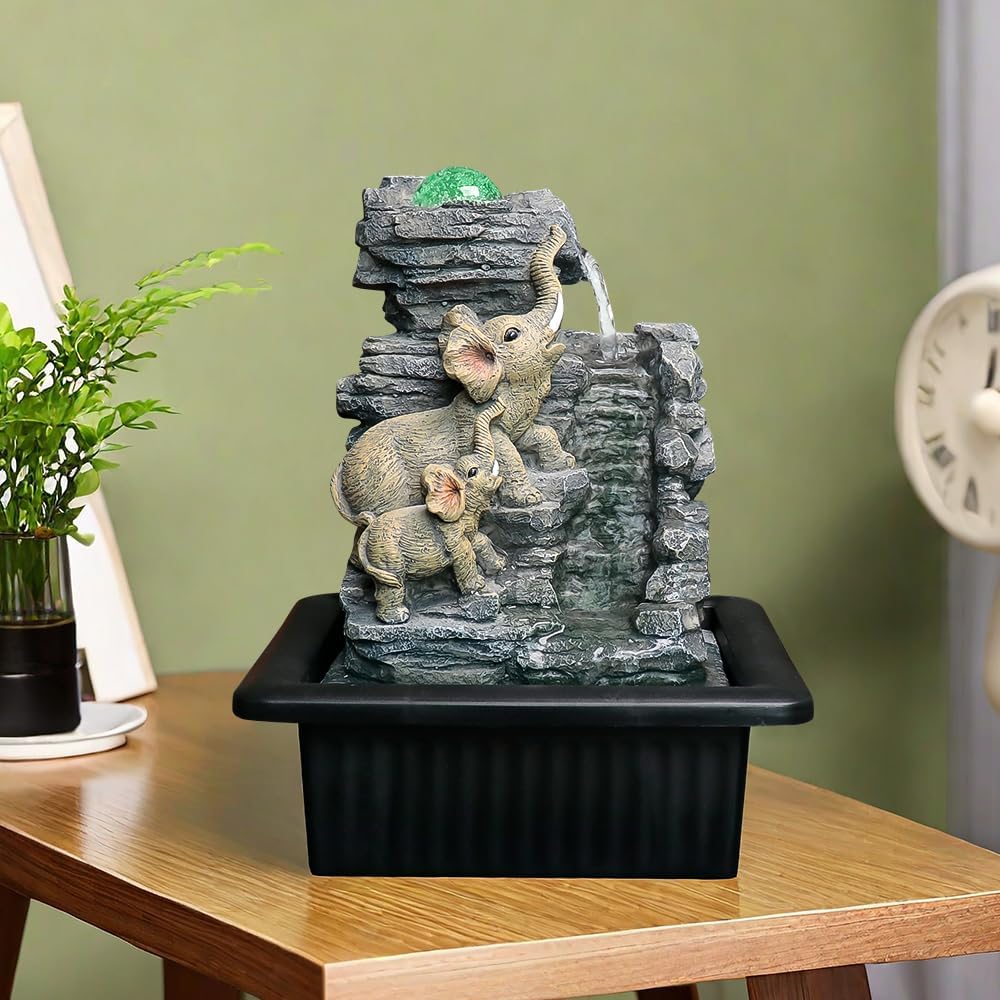 984 Inch Tabletop Fountain with Dual Elephant Statues and LED Lights