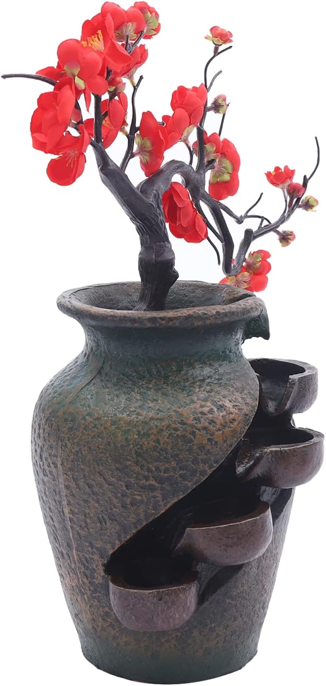 Tabletop Waterfall Fountain with Flower Vase and Artificial Bouquet