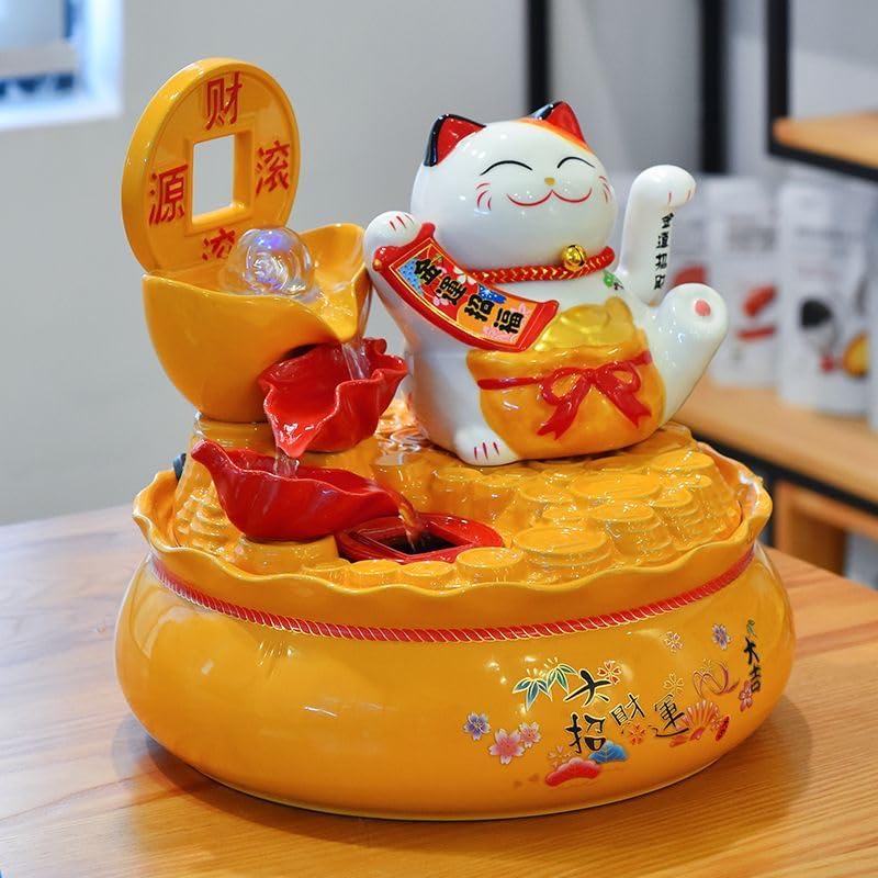 Ecqizer Chinese Lucky Cat Flowing Water Fountain Ceramic Ornament