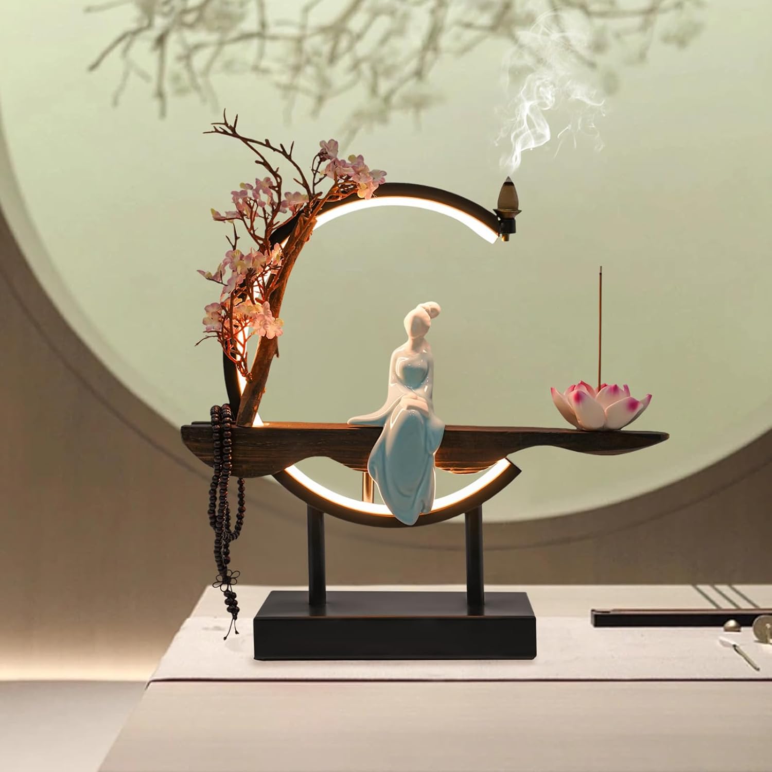 BenHookyle Tabletop Fountain with LED Light and Artificial Peach Blossoms