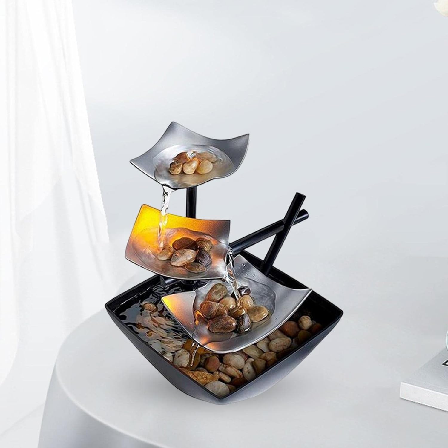 Generic Small Relaxation Tabletop Fountain USB Illuminated with Light Black Silver