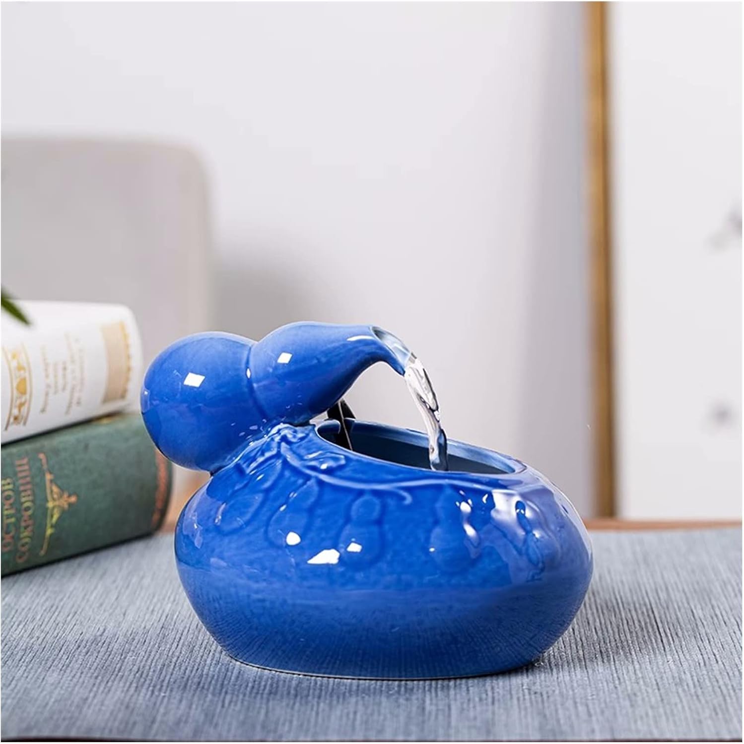 Mini Ceramic Table Fountain with Zen Style Blue Design