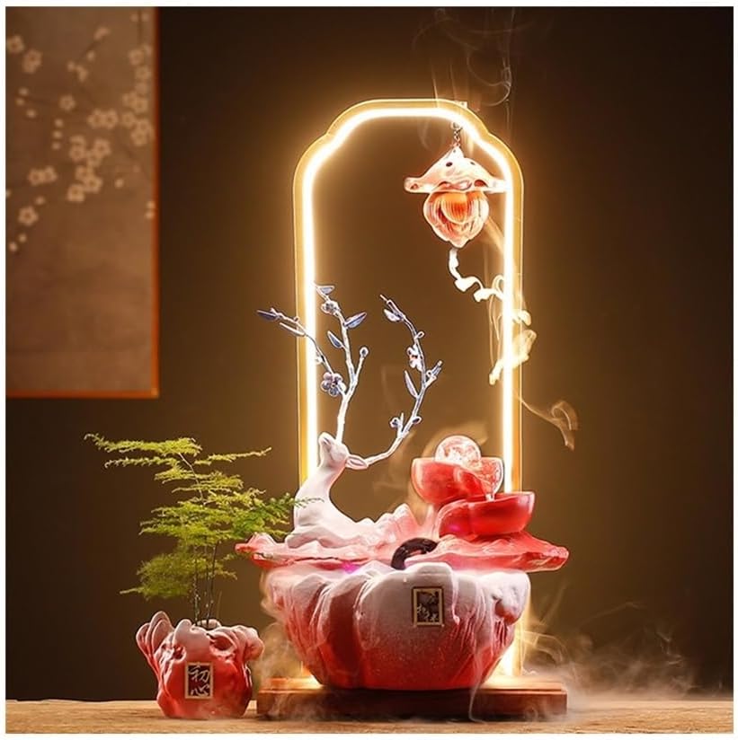 Red Tabletop Fountain with Deer and Water Circulation