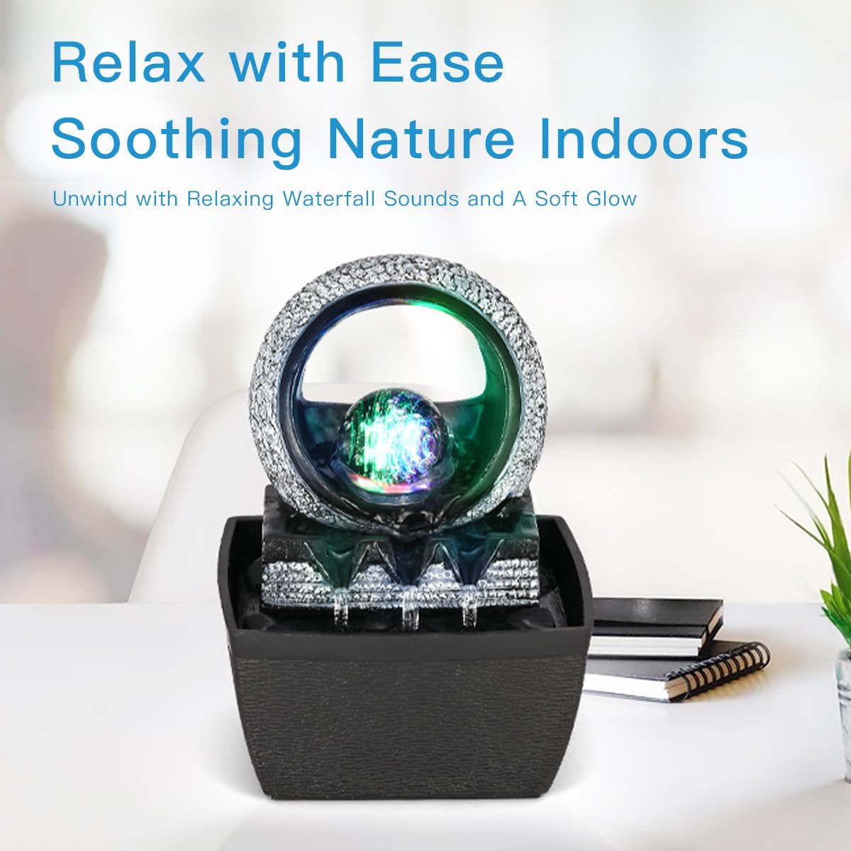 Hebafri Tabletop Water Fountain with LED Light