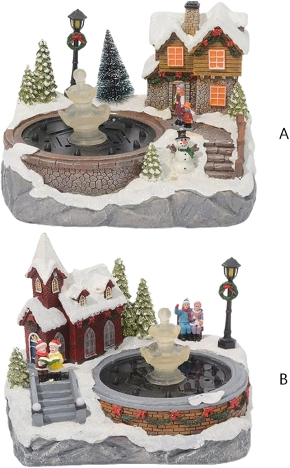 Tabletop Fountain with LED Light and Christmas Village Scene Decor