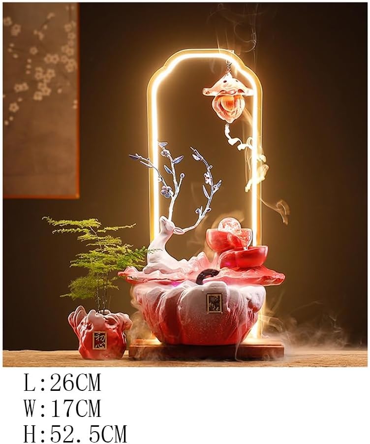 Red Tabletop Fountain with Deer and Water Circulation