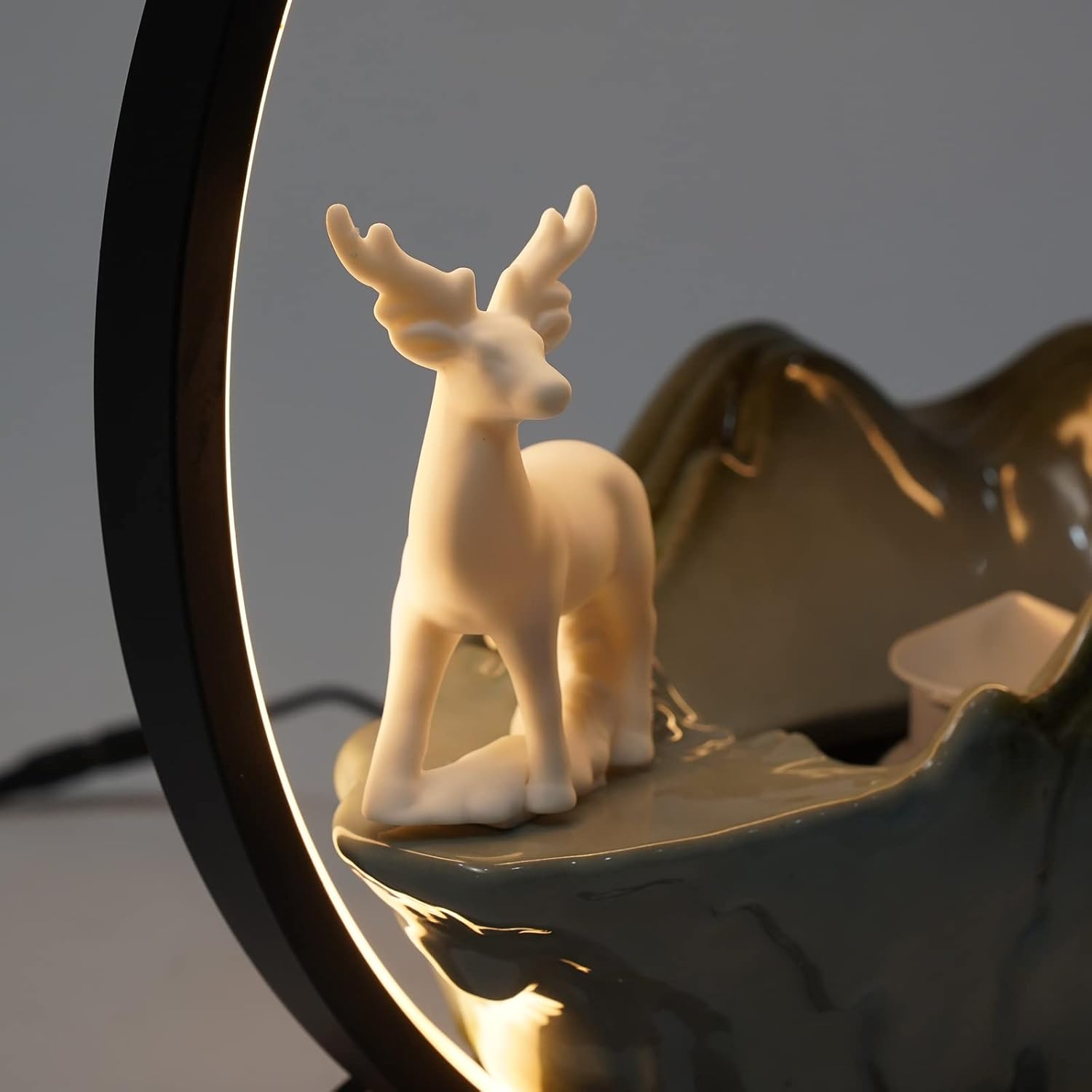 Modern Deer Style Tabletop Water Fountain with Mist LED Light for Meditation and Feng Shui Decor