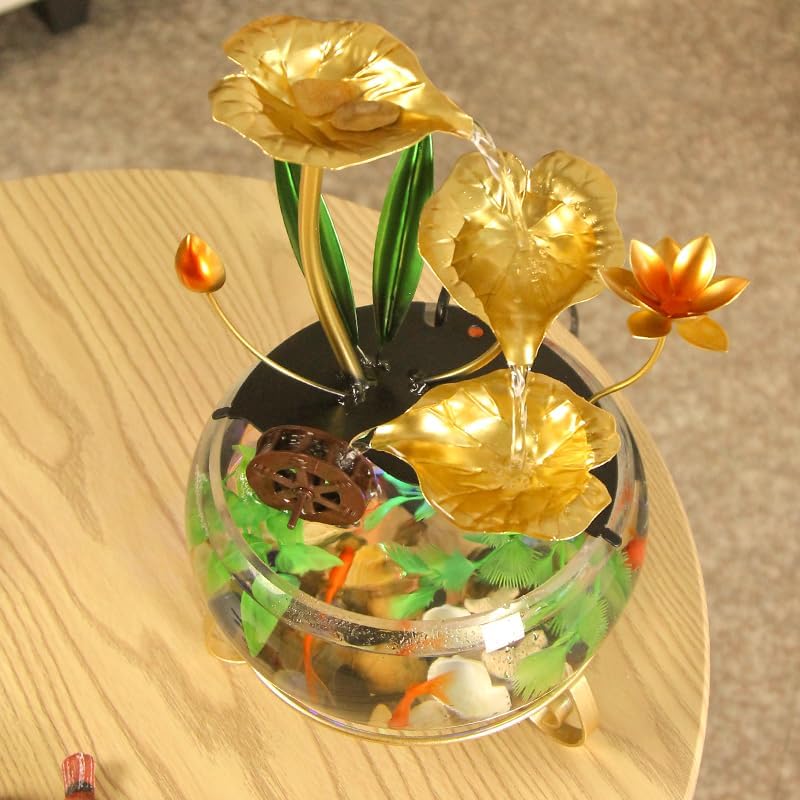 Elegant Tabletop Lotus Leaf Water Fountain with Fish Tank and LED Light