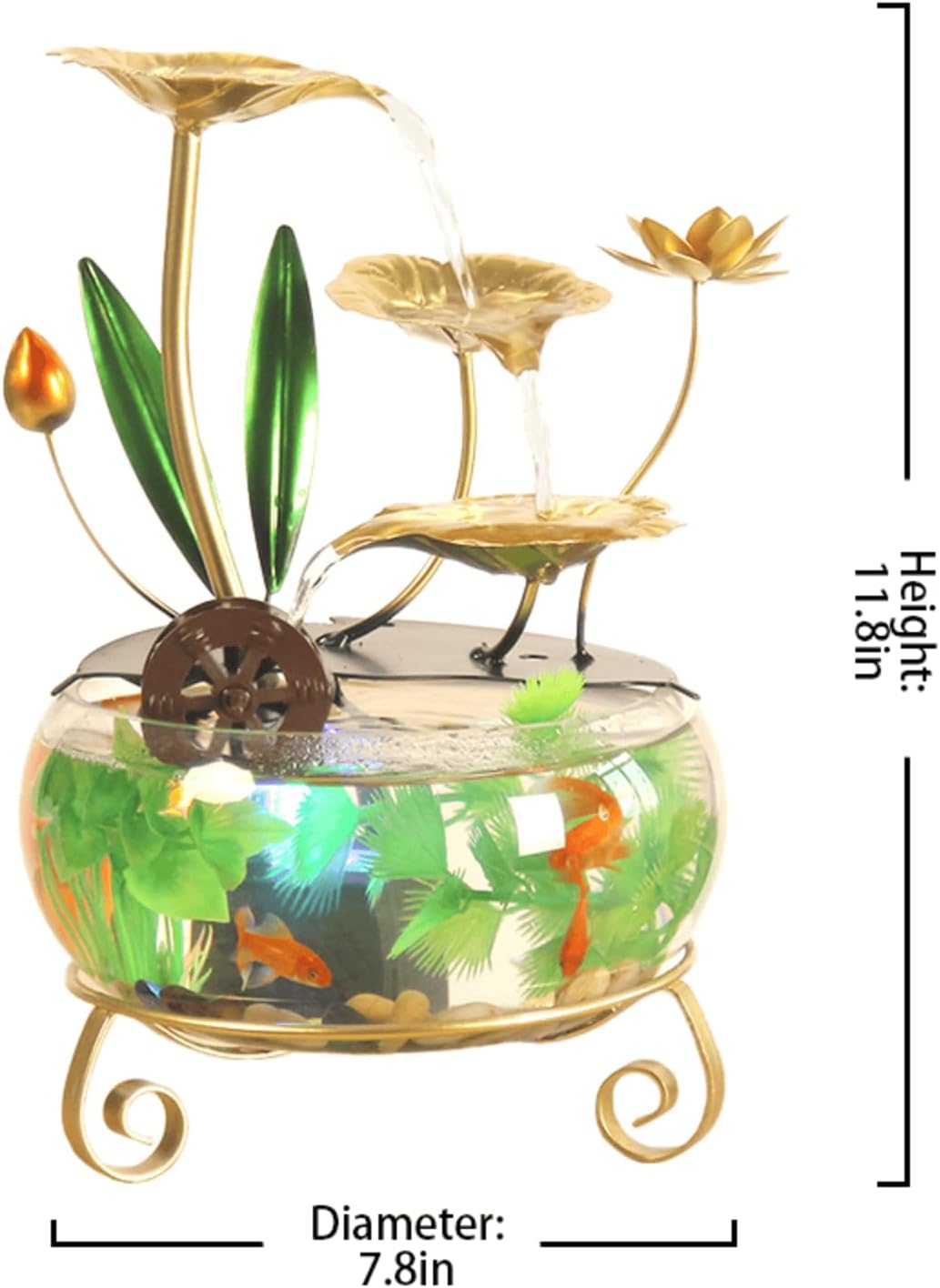 Elegant Tabletop Lotus Leaf Water Fountain with Fish Tank and LED Light