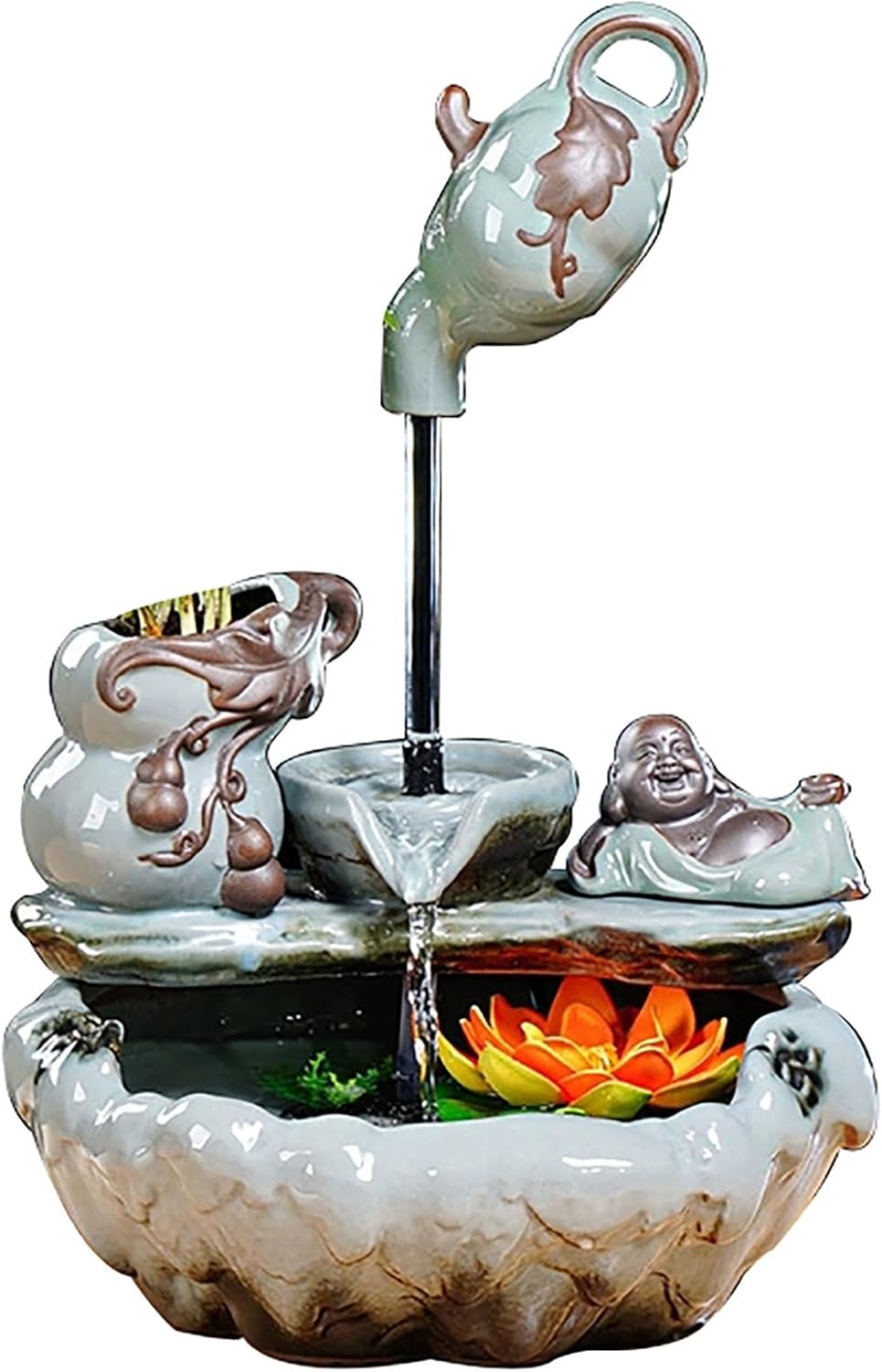 Ceramic Waterfall Fountain with Lotus Light for Home and Office