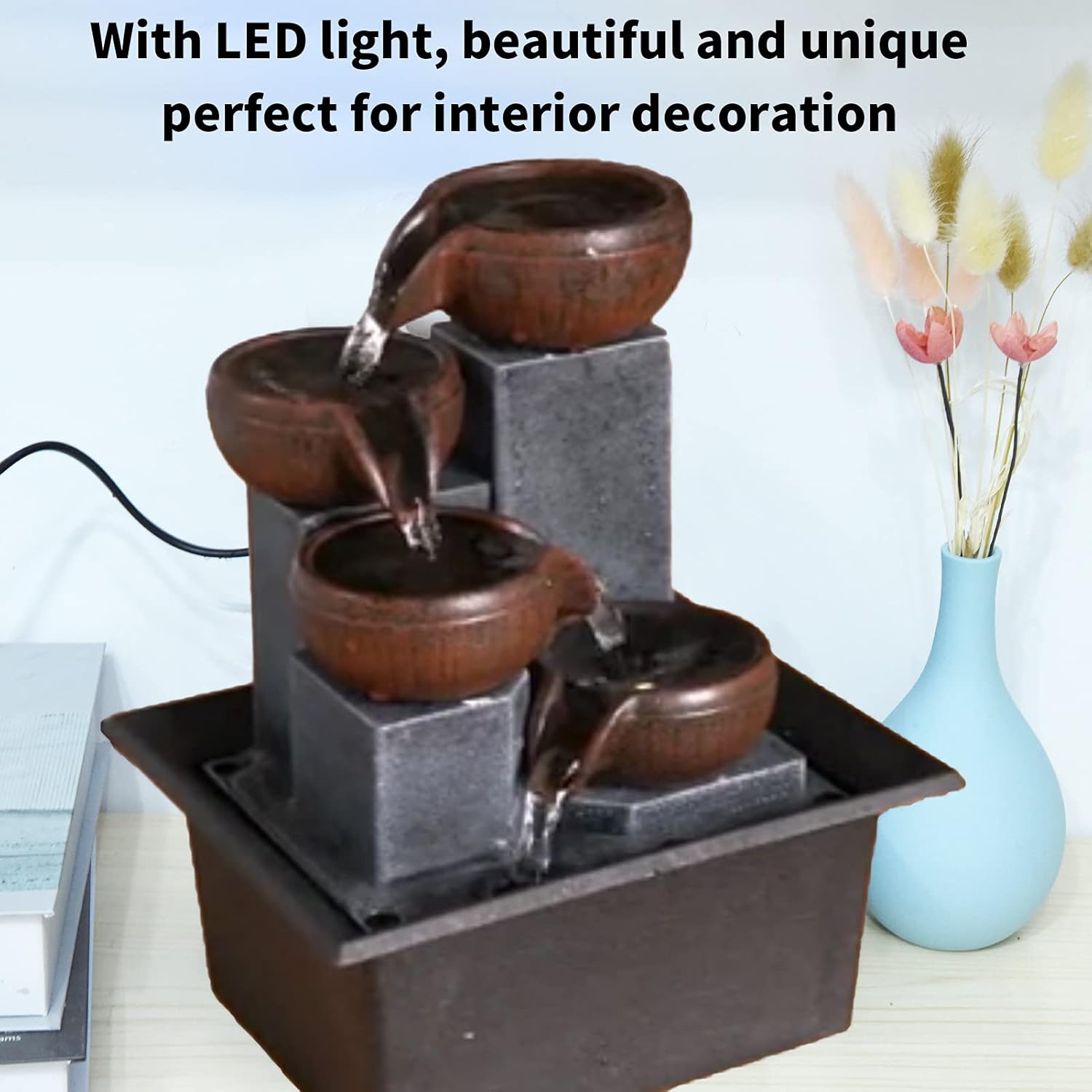 Tabletop Water Fountain with LED Yellow Light for Office and Home Decor