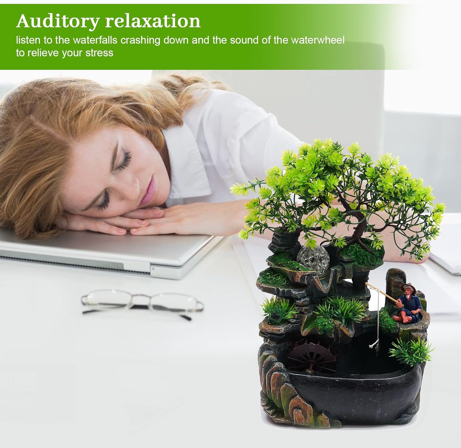 Tabletop Fountain with LED Light and Plants for Home Office and Bedroom