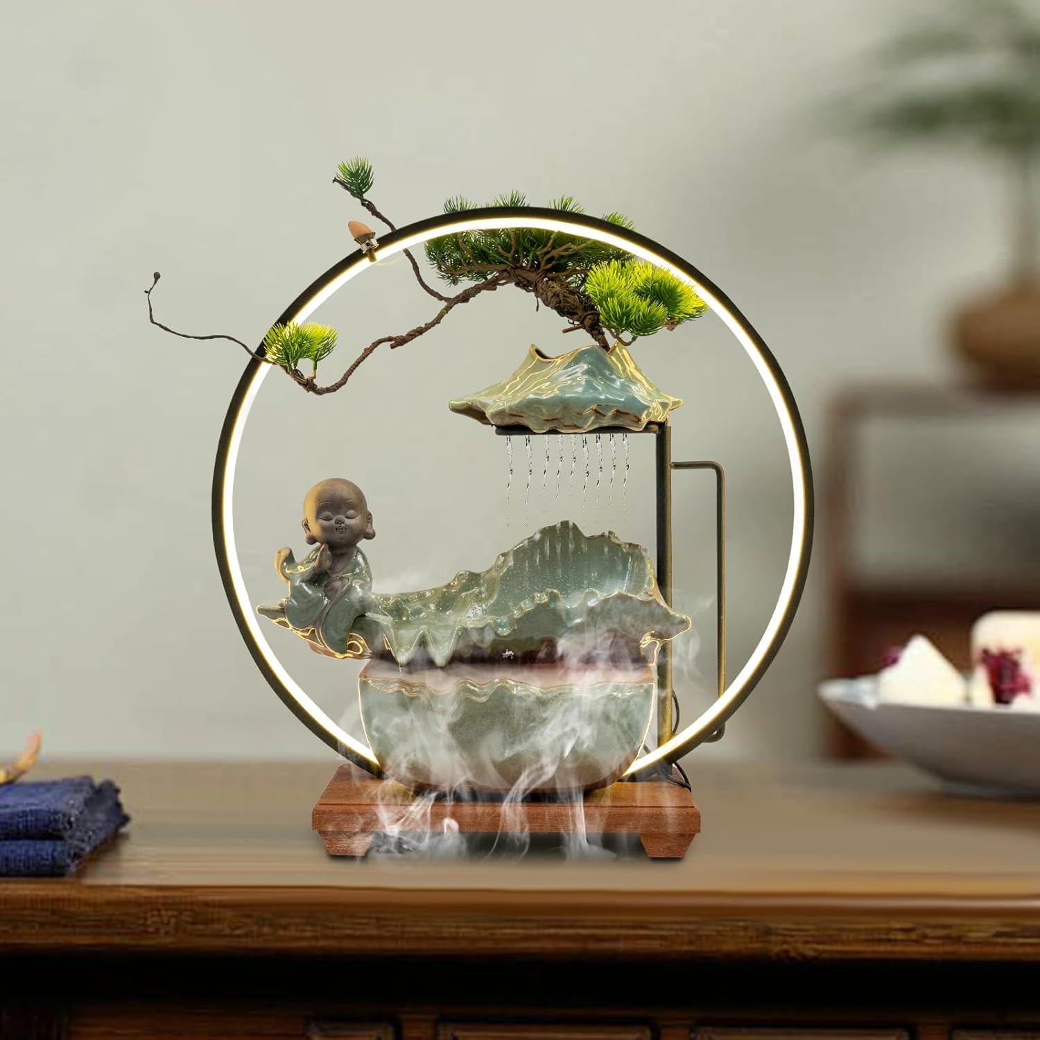 Bacacoo Desktop Water Fountain with LED Light and Buddha Statue