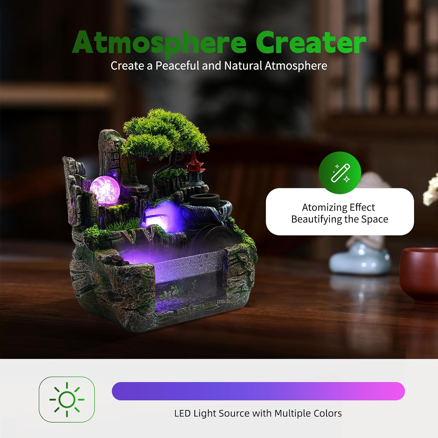 Kaichenyt Desktop Rockery Water Fountain with LED Light and Atomizer