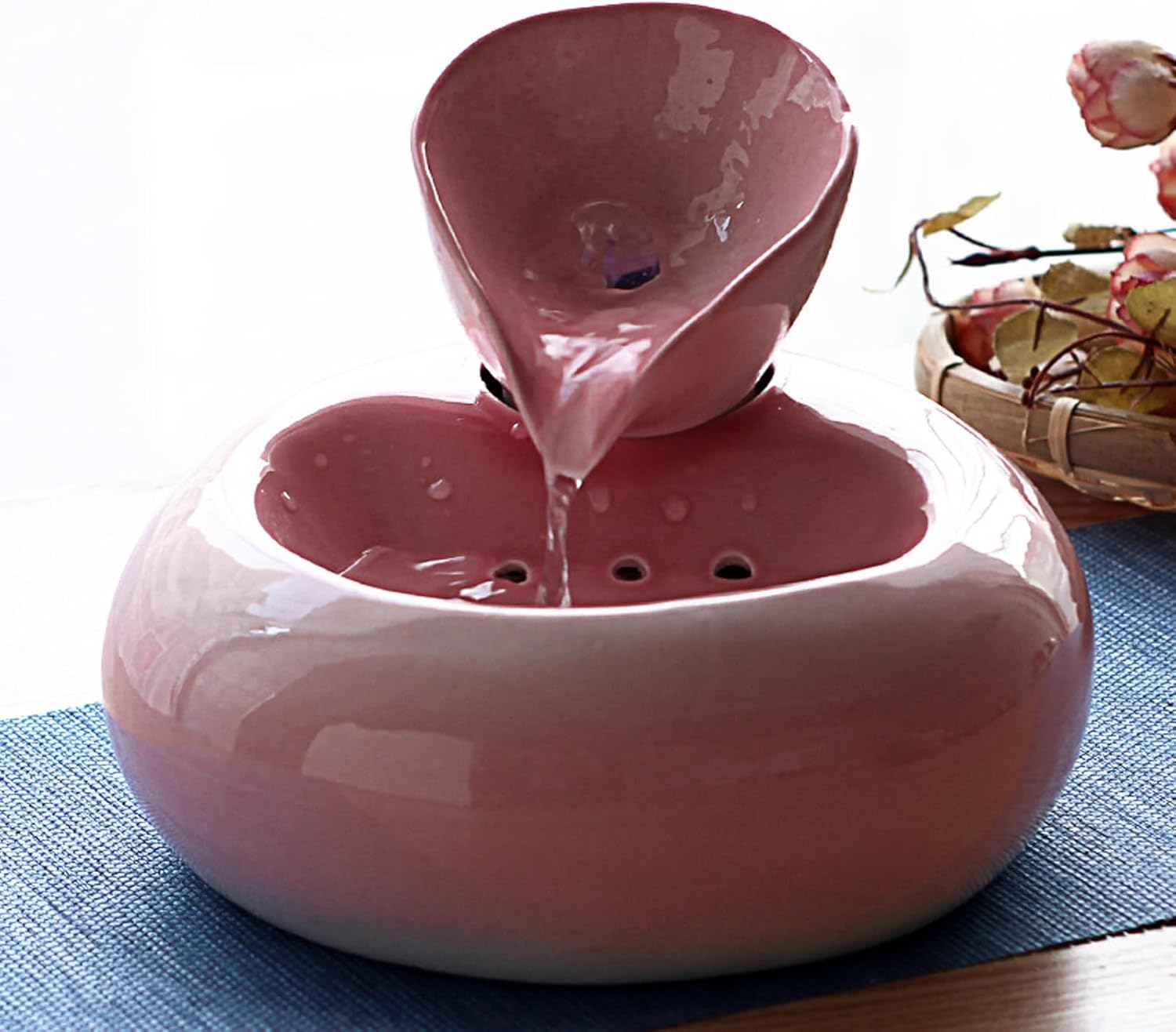 Ceramic Mini Waterfall Fountain Desktop Pet Humidifier Pink