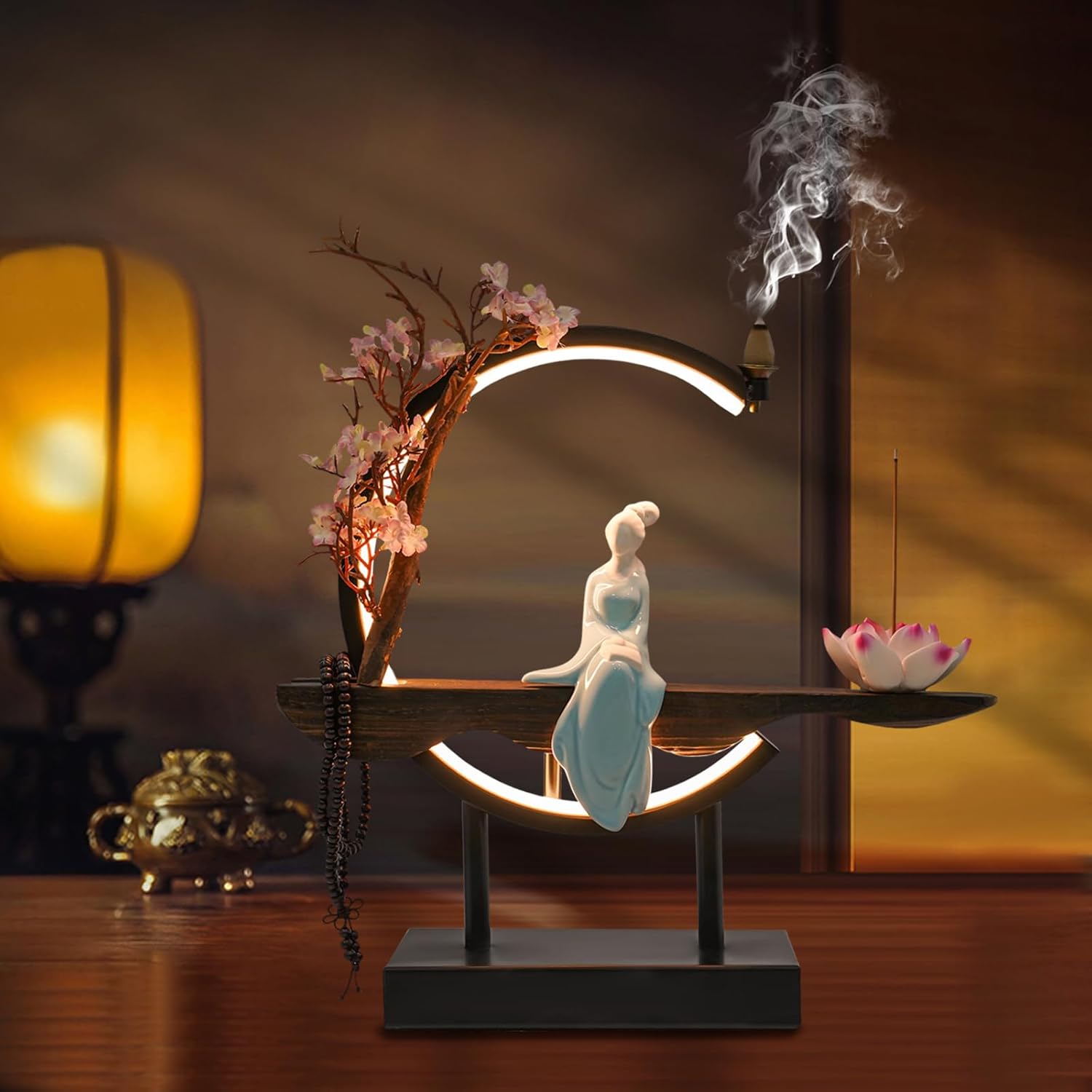 BenHookyle Tabletop Fountain with LED Light and Artificial Peach Blossoms