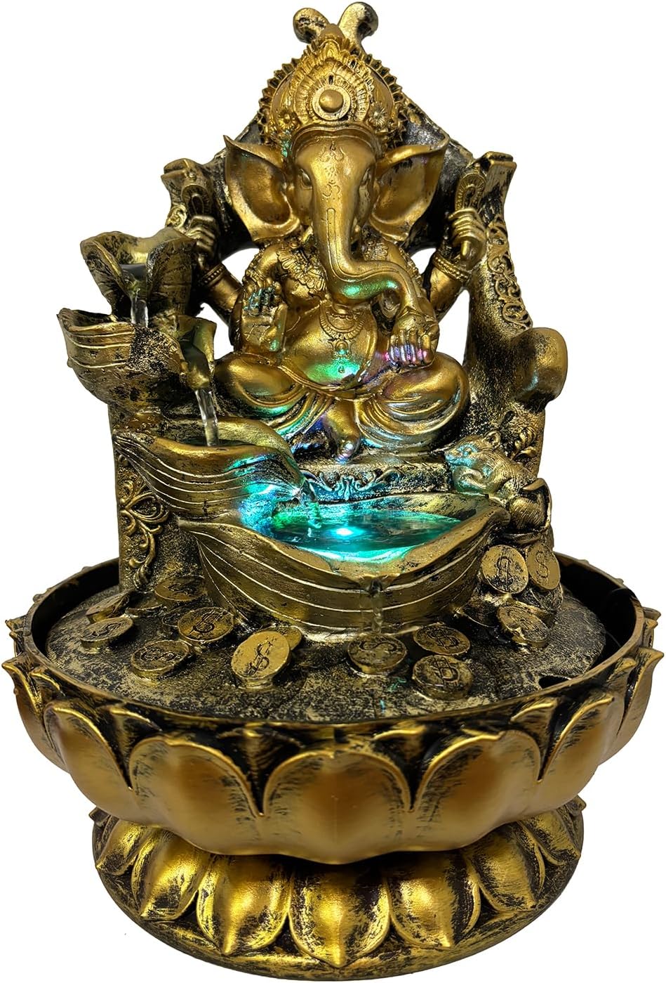 Large Ganesha Statues Indoor Tabletop Fountain with LED Lights and Zen Waterfall
