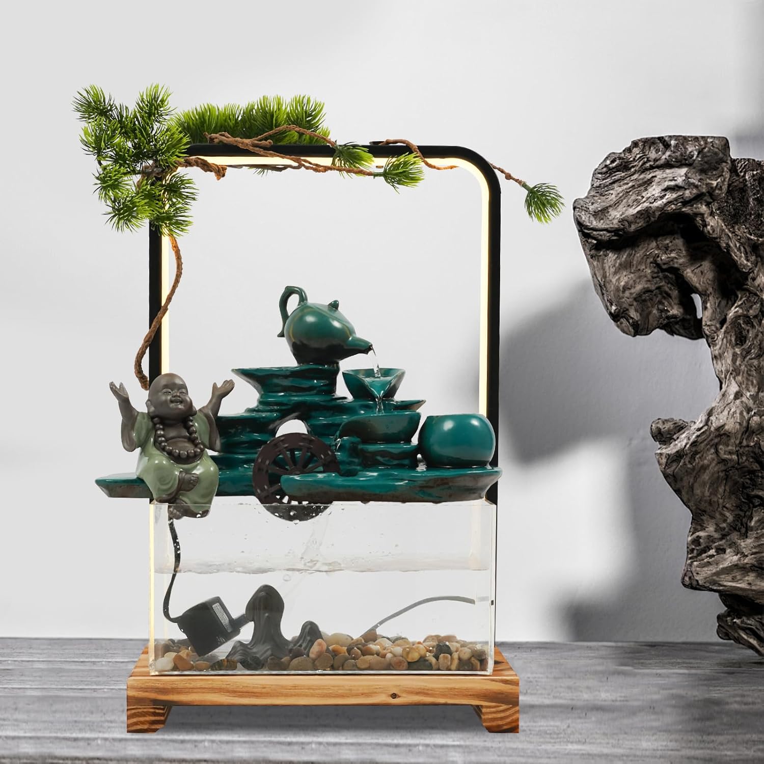 Eapmic Desktop Waterfall Fountain with Fish Tank and LED Light