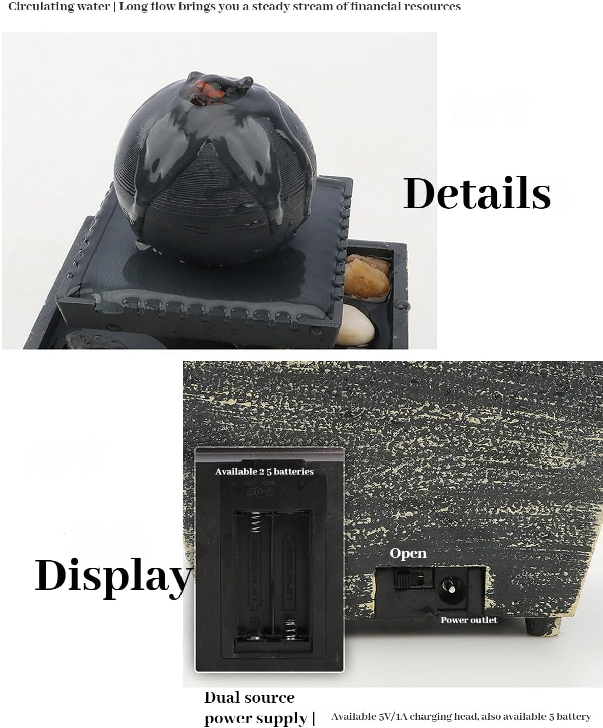 Bocnity Tabletop Ball Fountain with LED Lights for Zen Meditation and Relaxation