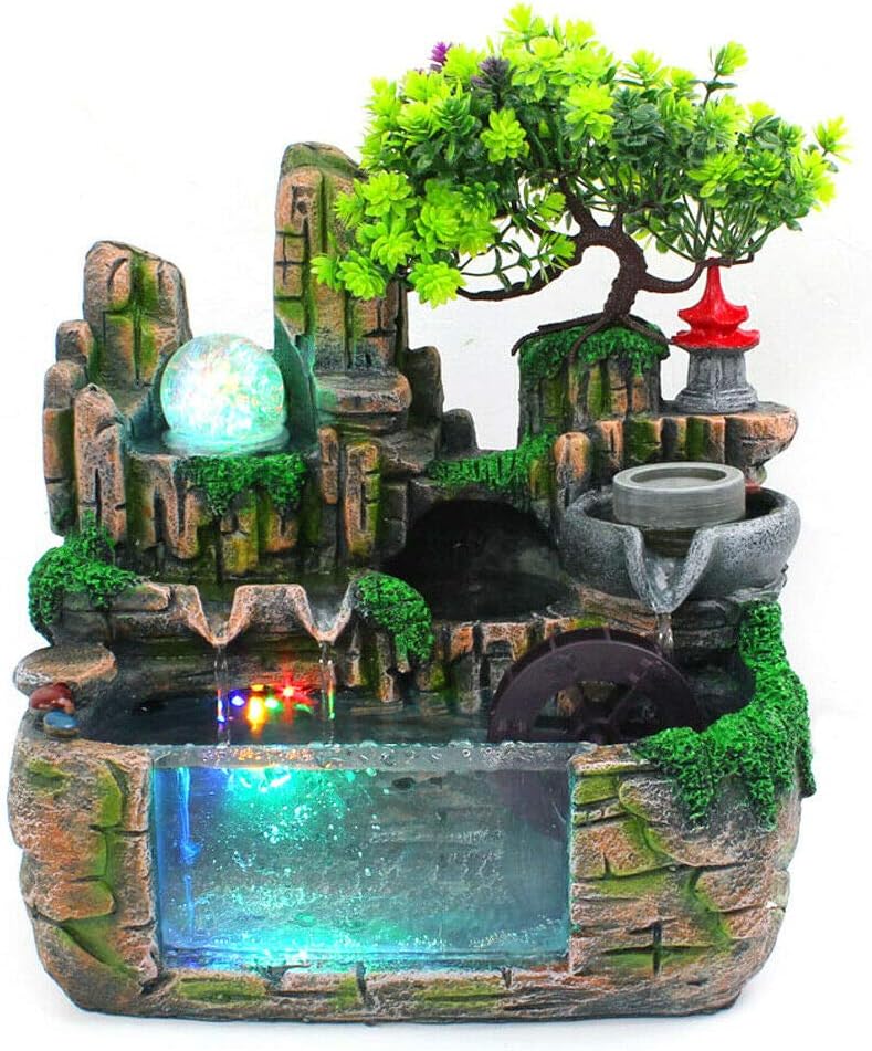 Tabletop Fountain Waterfall Decor Simulated Rockery Bonsai with Atomizing Humidifier