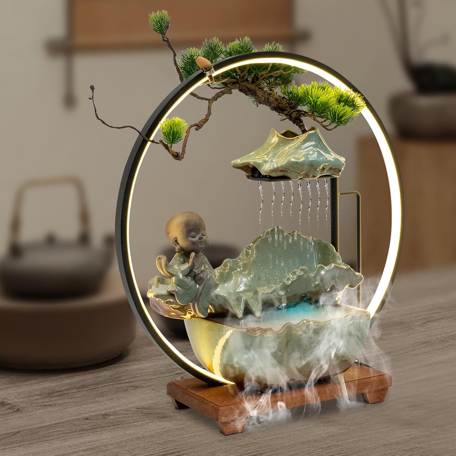 Modern Tabletop Waterfall Fountain with LED Light Mist