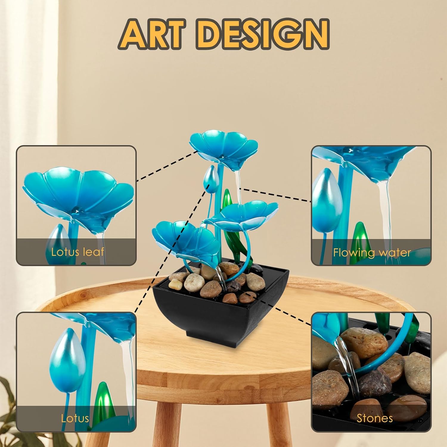 Blue USB Powered Mini Water Lily Tabletop Fountain