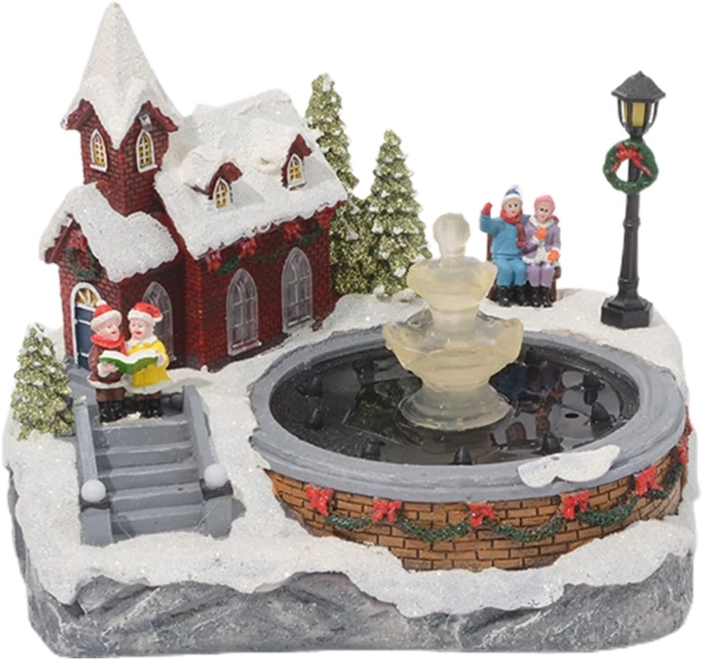 Tabletop Fountain with LED Light and Christmas Village Scene Decor