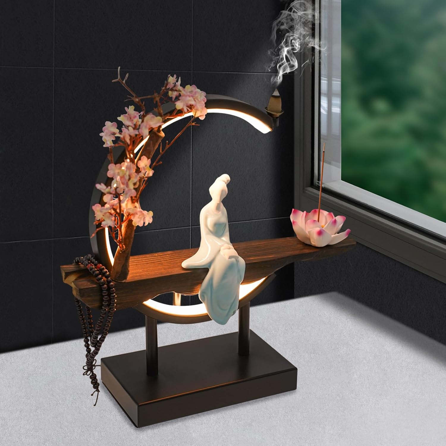BenHookyle Tabletop Fountain with LED Light and Artificial Peach Blossoms