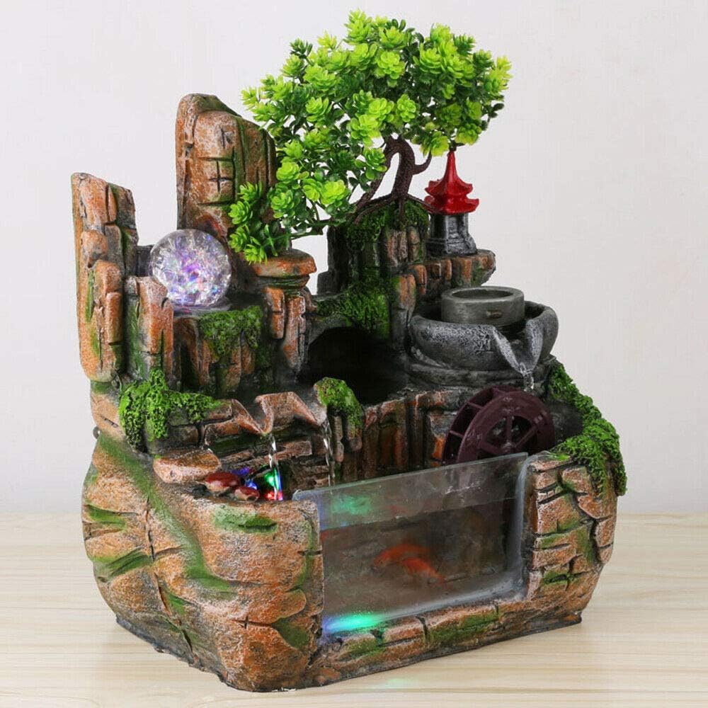 Tabletop Fountain Waterfall Decor Simulated Rockery Bonsai with Atomizing Humidifier