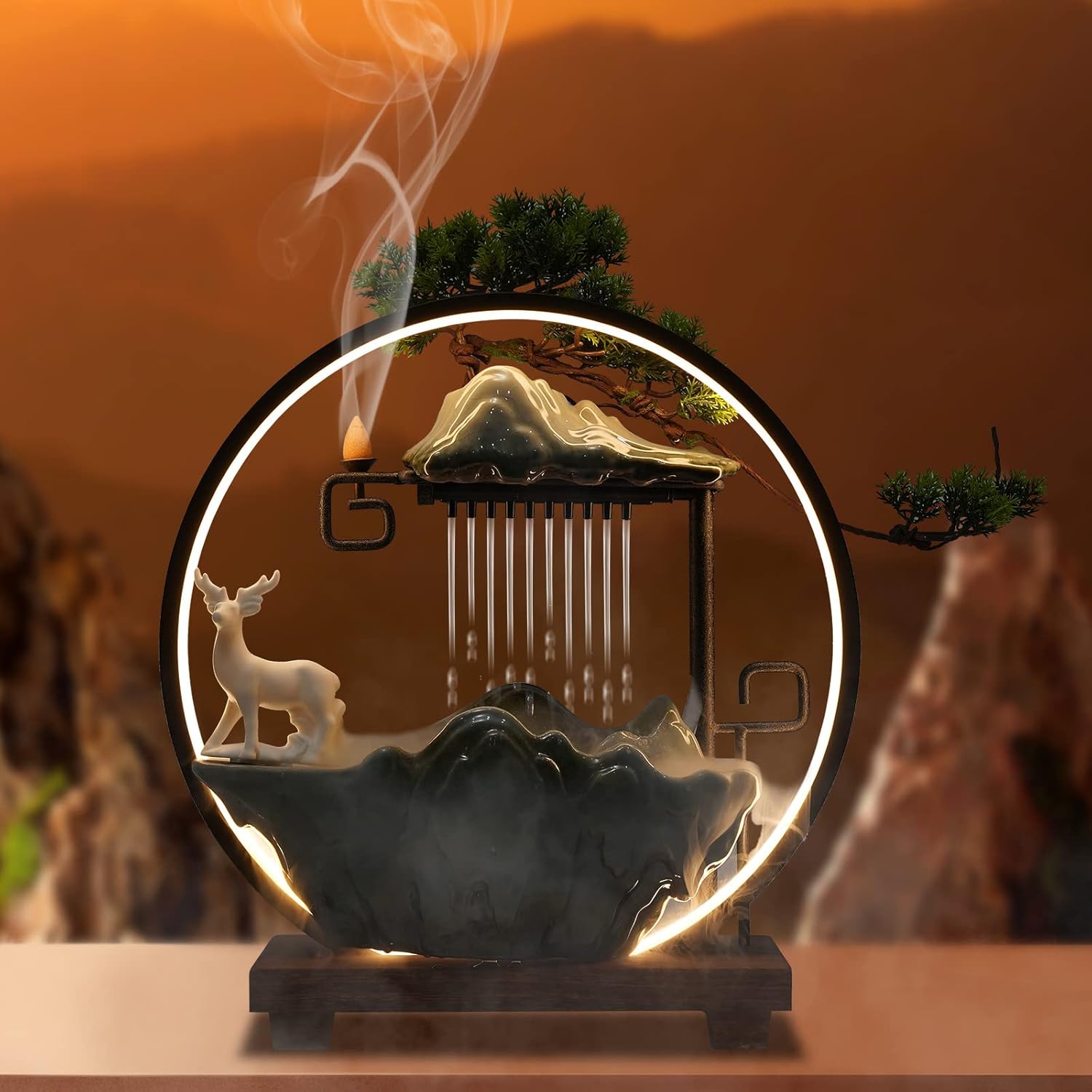 Tabletop Water Fountain with LED Light and Ceramic Deer